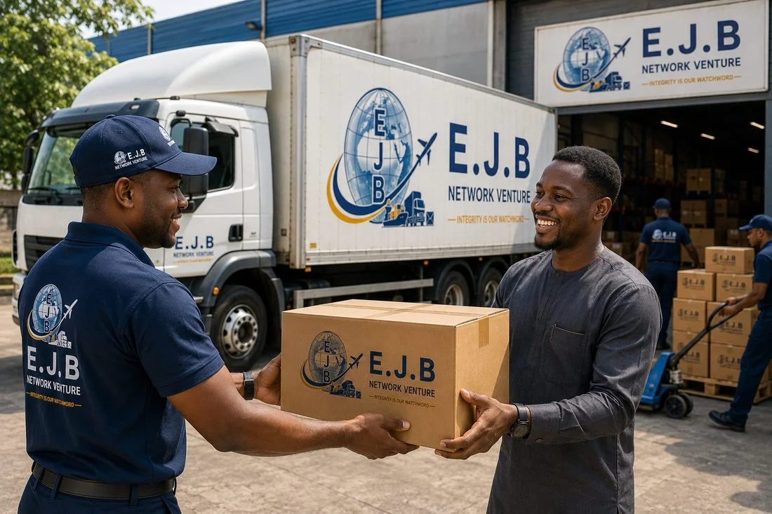 A representative handing a package to a customer
